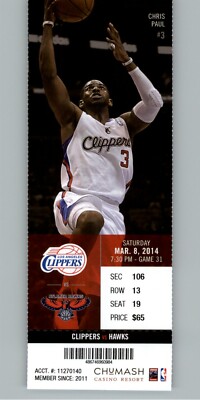 Atlanta Hawks vs Los Angeles Clippers 3/8/2014 Ticket - Chris Paul