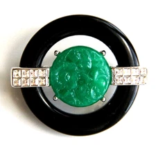 KJL Kenneth Jay Lane Art Deco Style Faux Blk Onyx Green Glass Rhinestone Brooch