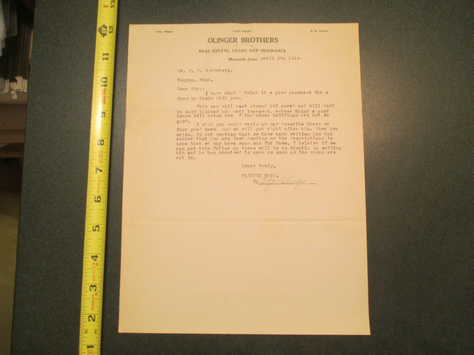 Maxwell Iowa Olinger Brothers Real Estate Loans Insurance IA 1919