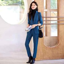 Tailleur Completo Outfit Set Ufficio Giacca Blazer Blu Verde Gessato Slim 38792