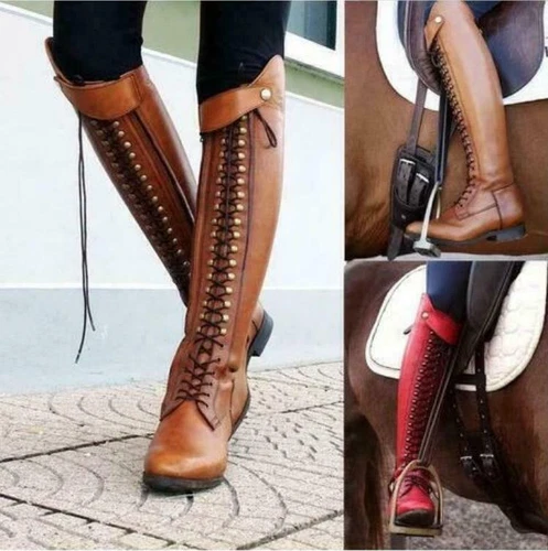 Hot Womens Boots Knee High Lace Up Shoes Stacked Heels Leather Tall Riding Boots - Bild 5 von 13