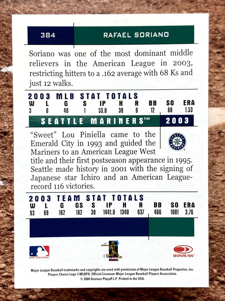 2004 Donruss Team Heroes Rafael Soriano #384 - Image 2 of 2