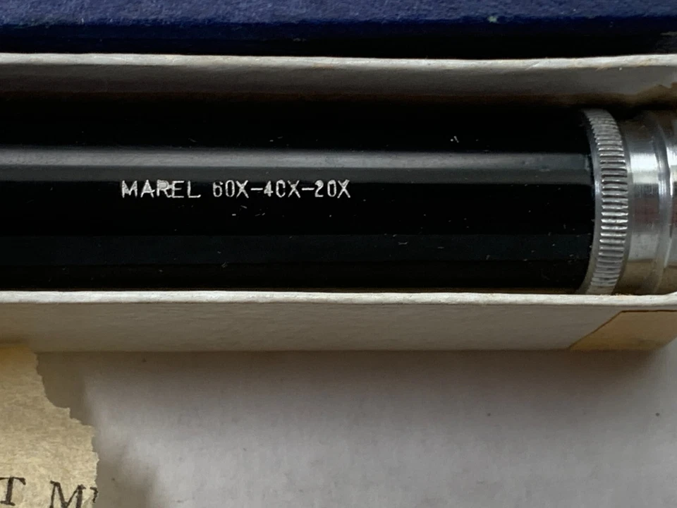 VINTAGE RARE MAREL JAPAN 20X-40X-60X POCKET MICROSCOPE WITH BOX - Image 2 of 4
