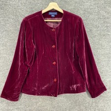 Preston York Blazer Women 12 Red Button Up Silk Lined Long Sleeve Crew Neck