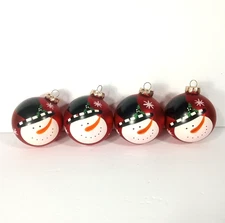 4 Red Snowman Ornaments Hand Painted Christmas Vintage Glass 3.25"