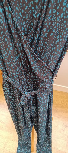 Sosandar Black Teal Leopard Print Jumpsuit 10 Green Blue Animal Silky - Picture 5 of 12