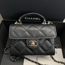 AUTH Chanel 26P Black Caviar Leather Gold Hardware Top Handle Chain Shoulder Bag