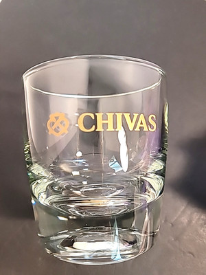 Chivas Rocks Glass Bottom Etched Gold Logo Clear Heavy Glass  4'' Tall Barware