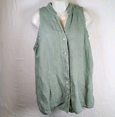 Francesca Bettini 100% Linen Top - Size Large - Crocheted Lace Sleeveless Sage