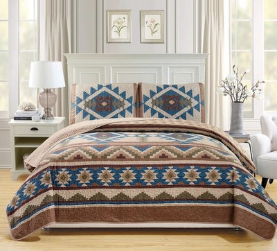 Beige Southwest Tribal Western 3 Piece Quilt Set King California King Coverlet