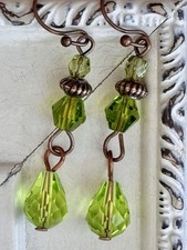 Copper and Green Crystal Teardrop Dangle Earrings. Bohemian Chic.