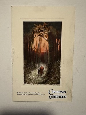 Raphael Tuck Christmas Greet Walk in Woods Glitter Unposted Divided Back (24C4)