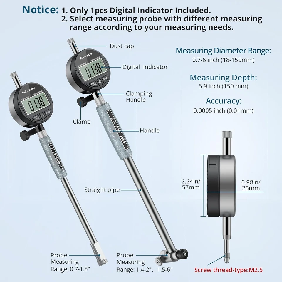 0.0005" Digital Dial Bore Gauge Indicator Engine Cylinder Measuring Tool 0.7"-6" - Image 2 of 4