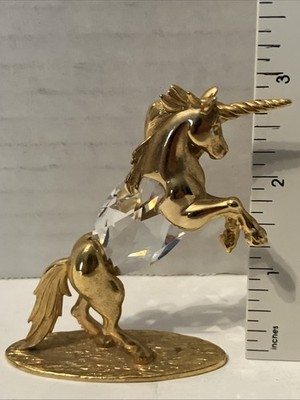Vintage Crystal Gold Tone Miniature Unicorn On Hind Legs - 3'' Tall - Oval Base