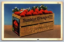 Linen Postcard California Sunkist Oranged Luxury Wood Box c1930s