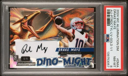 2024 WC DINO-MIGHT Drake Maye Pterodactyl GOLD LAVA Rookie RC Auto #'D 1/1 PSA 8