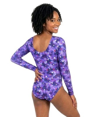GK Elite VTG Purple Americana Glittery LS Gymnastics Logo Leotard AL Adult L