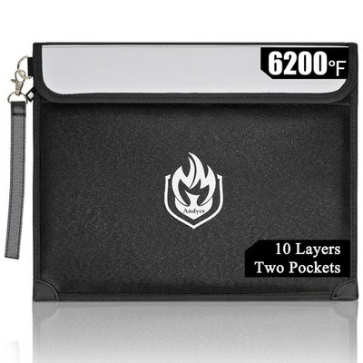 2 Pockets Fireproof Document Bag 6200F 10 Layers Waterproof Money Black Safe