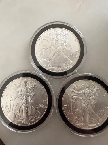 Lot Of 3 American Silver Eagles ASE.  2002,06,11. .999 Fine. 3 Oz Silver Total.