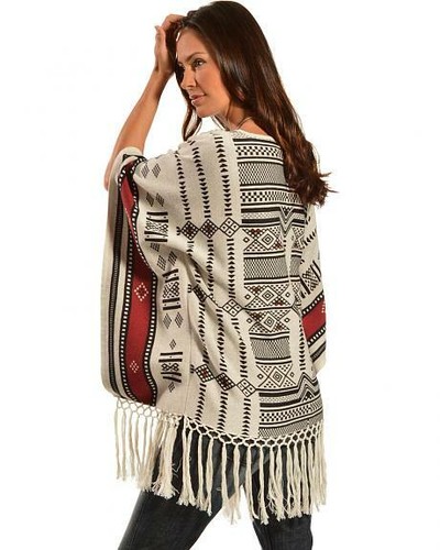 TASHA POLIZZI EASTWOOD FRINGED PONCHO V-NECK NATURAL WINE BLACK $189 NEW - Picture 4 of 6