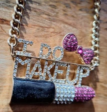 Gold I DO MAKEUP Necklace Artist Gift Crystal Mary Kay Avon 22" Bling Chunky