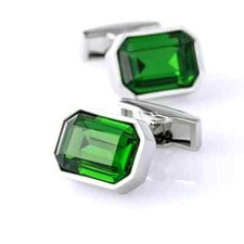 4CT Emerald Cut Natural Green Emerald Men's Cufflinks 14K White Gold Plated.