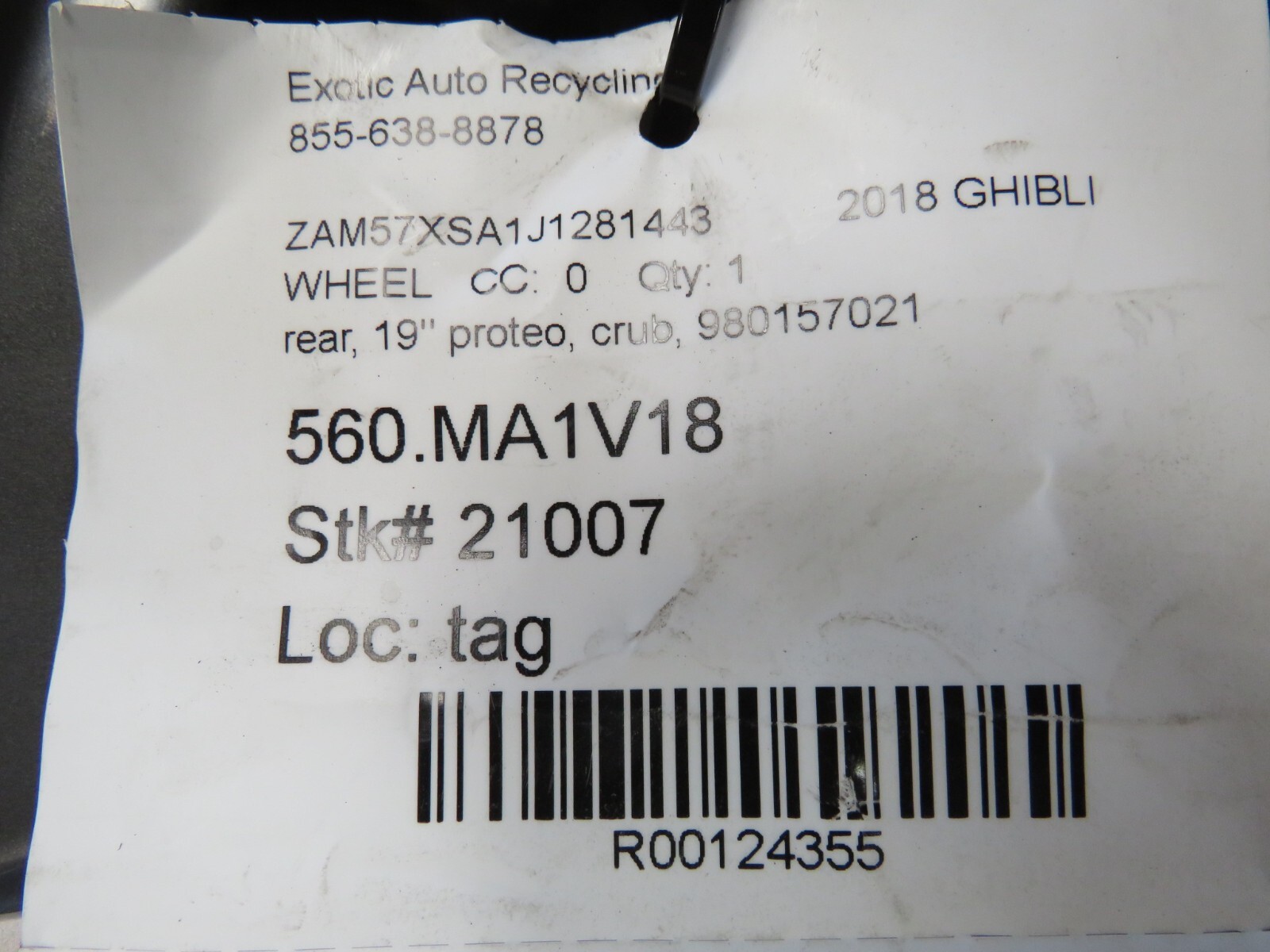 Maserati Ghibli, Rear Wheel, 19' Proteo, Curb Rash, Used, P/N 980157021