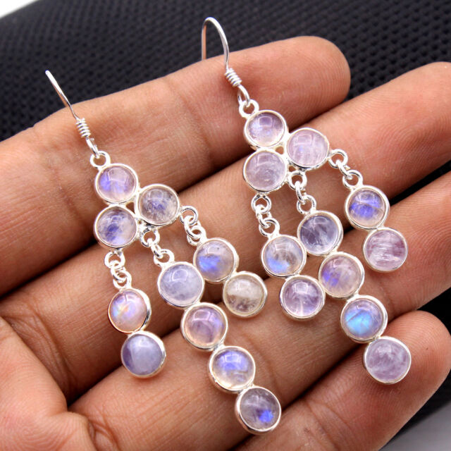 Round Moonstone Gemstone Handmade Dangle Earrings 925 Sterling Silver Jewelry Round Moonstone Gemstone Handmade Dangle Earrings 925 Sterling Silver Jewelry