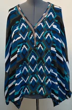 Lane Bryant 26W 28W Blue Black V Neck Semi Sheer Dolman Sleeve Blouse