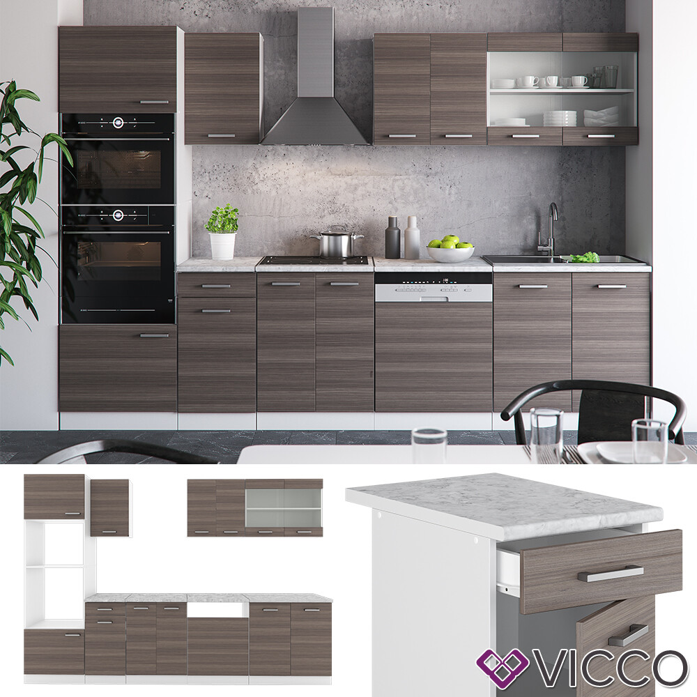 Cuisine R-Line, 300 cm avec armoire haute, PT Marbre, Rouge/Anthracite