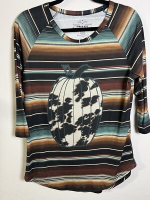 Crazy Train Women's Long Sleeve T-Shirt Med Fall Serape Pumpkin Patch Cow Print