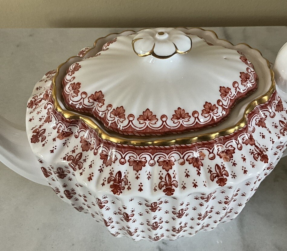 Spode Fleur de Lys Red Teapot & Lid Bone China Gold Trim