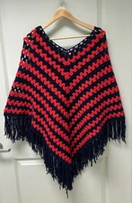 Hand Crotchet Poncho Red & Blue Size Large Women's Jacket Shawl Coat NEW Gift