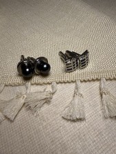 2-Piece Cufflink Set Black Faux Pearl Blue Grid Design Gift Box Ready