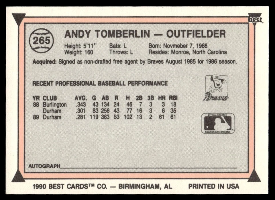 1990 Best Minor League #265 Andy Tomberlin - Image 2 of 2