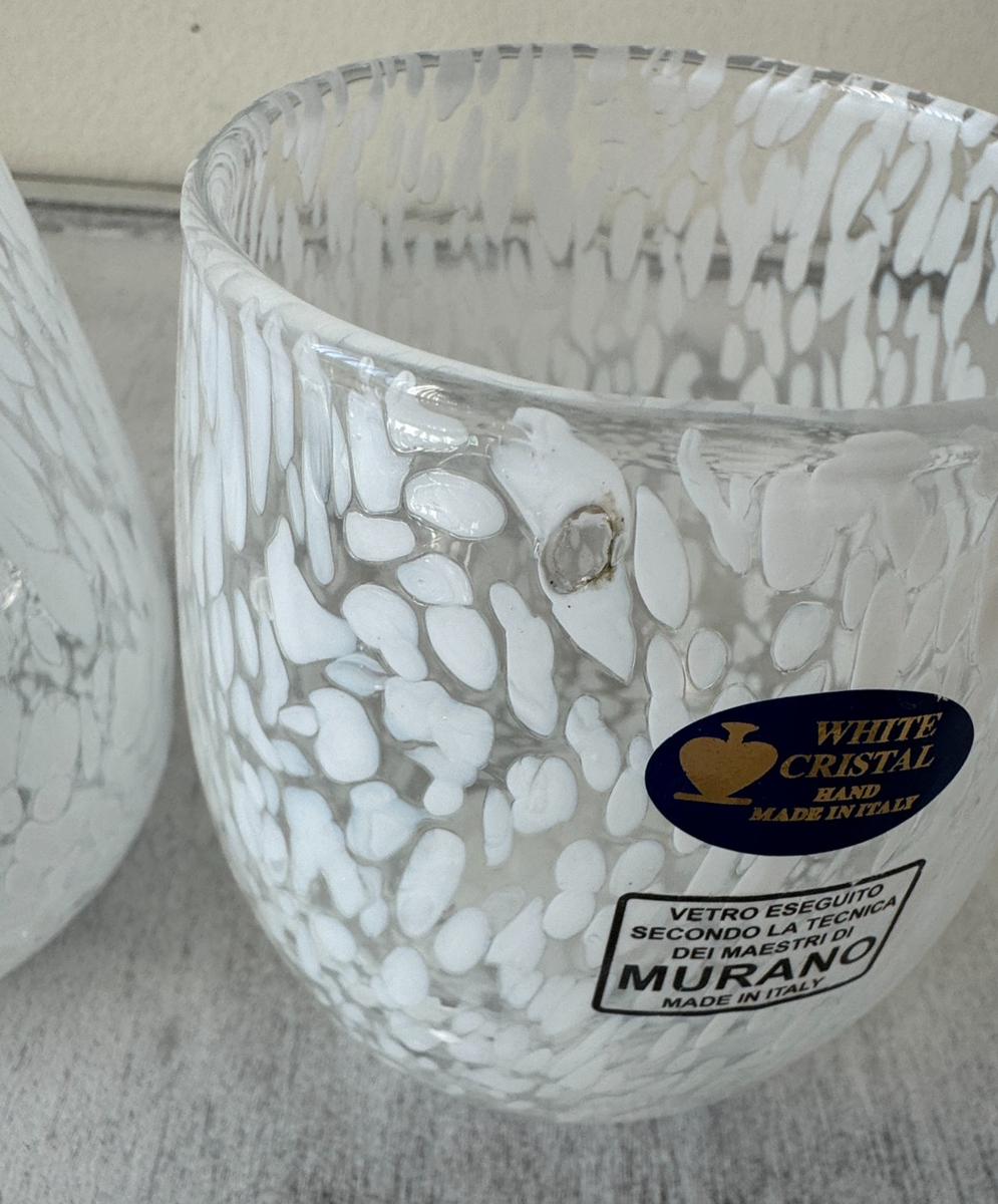 Set of 2 Murano White Crystal Wine Glasses Hand Made Tumblers