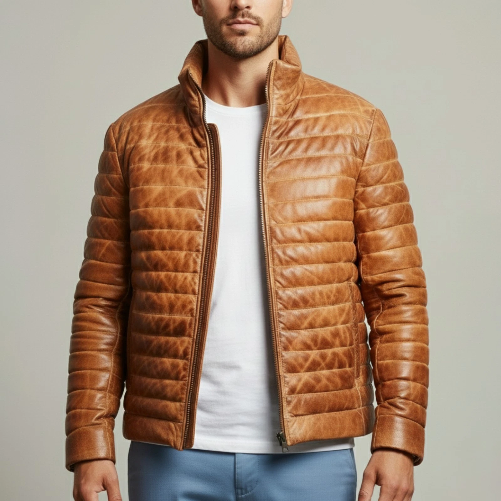 Puffer Jacket Quilted Down Bubble Coat Men’s Real Lambskin Leather, Warm Trendy