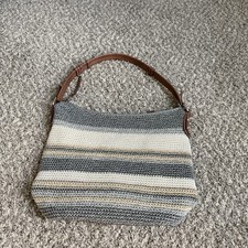 The Sak Sequoia Crochet Hobo Striped Bag Boho Silver Hardware Gray Cream Tan