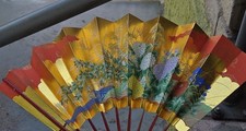 Vintage Japanese Folding Fan with Hand-Painted Floral Design and Gold Foil
