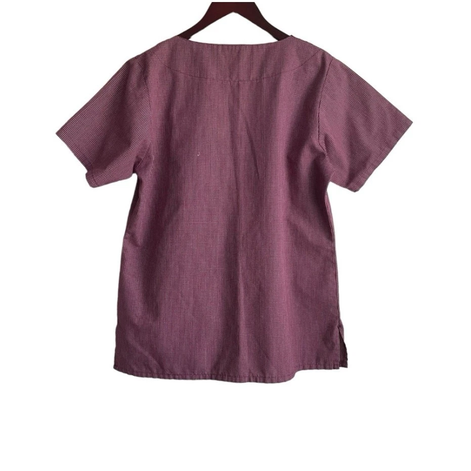 Landau Womens Scrub Top M Burgundy Check V-Neck 2 Pocket Medical Uniform Nurse - Image 3 of 4