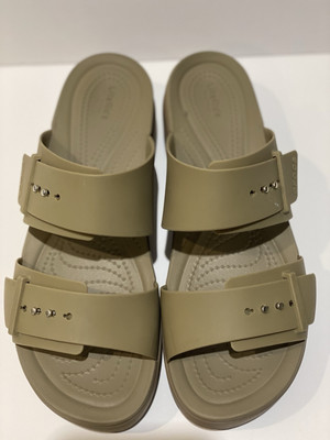 Crocs Lite Ride Beige Brooklyn Platform Sandal Mid Wedge Buckle Slide Womens 11