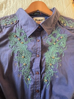 Roar Aquarius II Western Cowgirl Floral Embroidered Shirt Womens L  Purple Blue