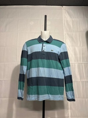 Lacoste Poloshirt gestreift Langarm blau grün französisches Krokodil Preppy Original