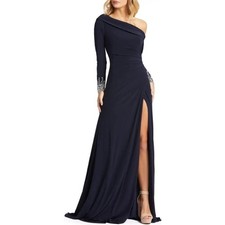 NEW NWT Mac Duggal One Shoulder Long Sleeve Jersey Gown In Midnight Navy SIZE 4
