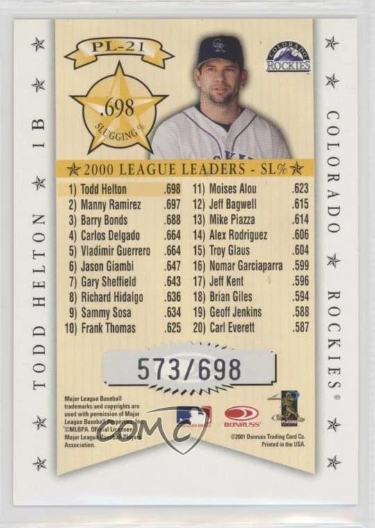 2001 Donruss Production Line /698 Todd Helton #PL-21 HOF - Image 2 of 2