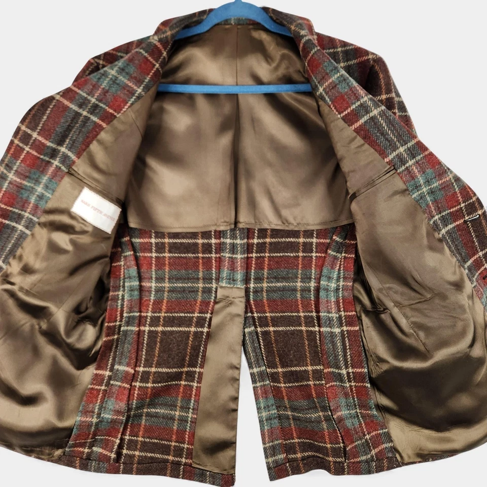 Vintage Saks Fifth Avenue Tweed Blazer Mens 42 Plaid Leather Elbow Patch - Image 3 of 4