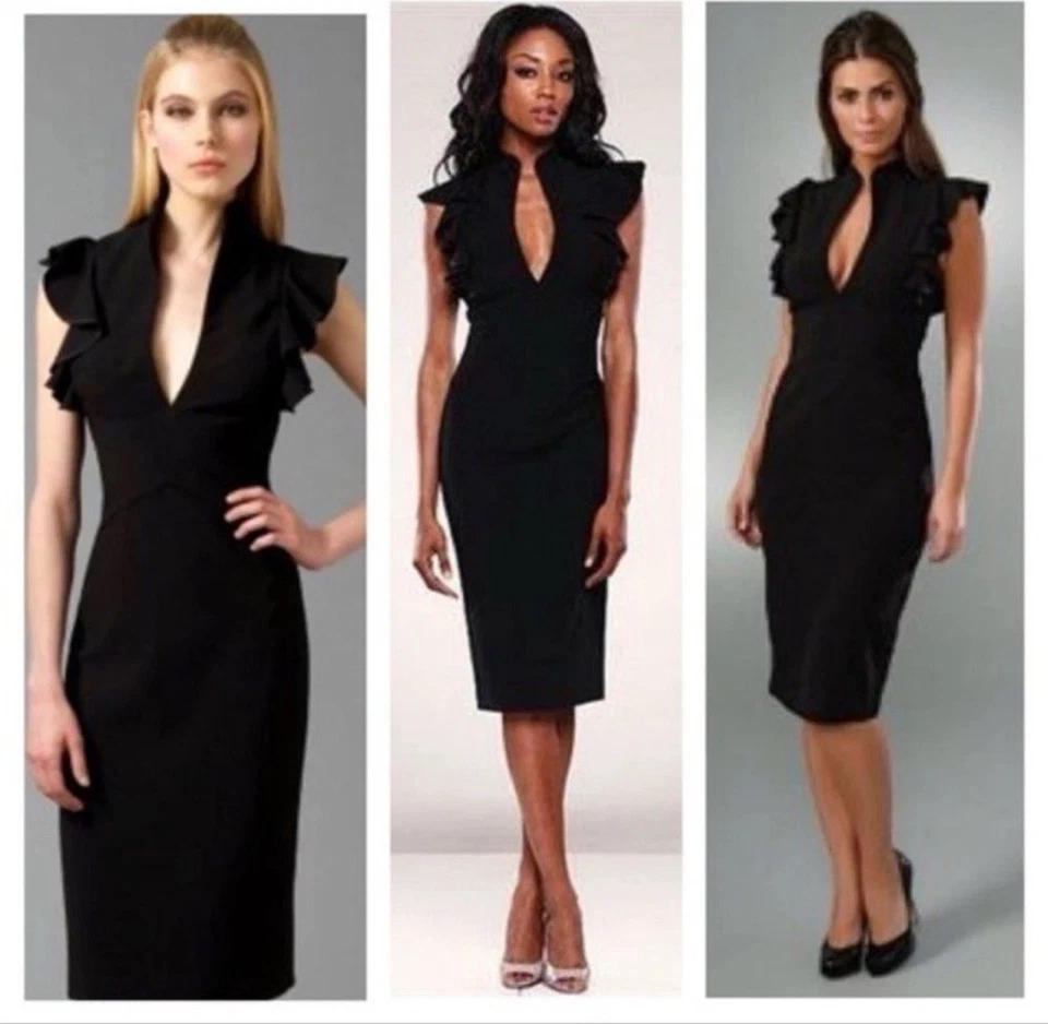 Vestido midi con volantes Eva negro HALO funda negro talla 0 fiesta cóctel LBD Foto 2 de 4