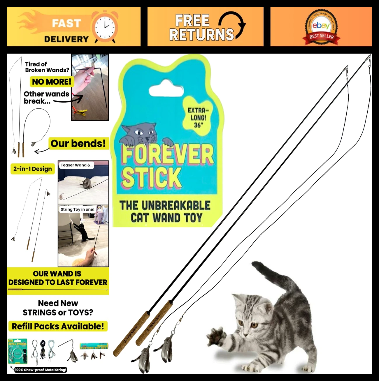 Unbreakable Cat Wand Toy 2-Pack - Durable Extra Long Fishing Pole Teaser Stick f