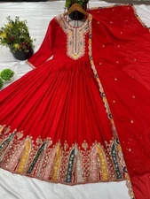 Latest New Chinnon Silk Gown With Red Fancy Dupatta For Reception And Party