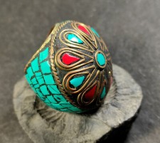 R1034 Handmade size 7.5 Turquoise Coral Resin Brass Fashion Finger Ring Nepal